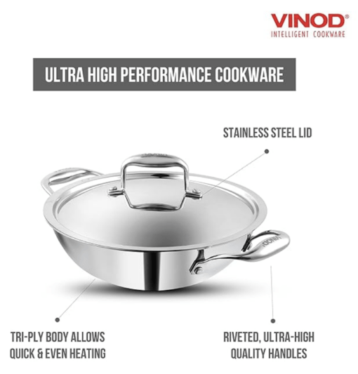 Vinod Platinum Triply Stainless Steel Kadai with lid 1.8 Litre (22 cm Dia) | 2.5mm Thick | 3 Layer Stainless Steel Cookware | 5 Year Warranty | Induction & Gas Base | Heavy Base - Image 2